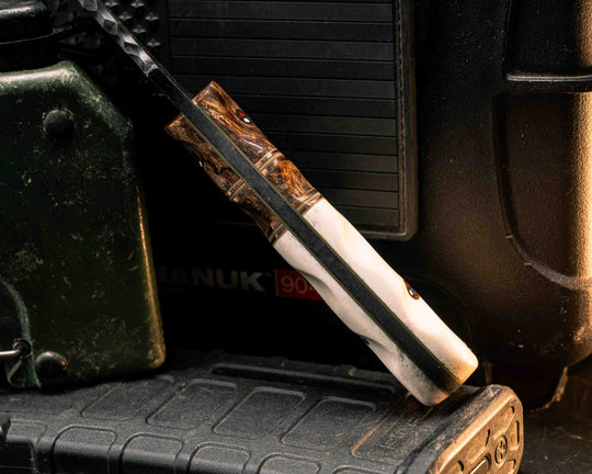 Disaster Jr Gen 3- Chechen Caribbean Rosewood, OD Green G10, Copper and White G10 Pin Striping, Chechen Caribbean Rosewood Split, Elk antler, Copper Patriot Mosaic Pins, Copper Lanyard Pin, Textured Grip