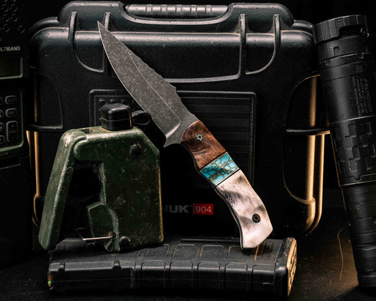 Tosahwi- Mesquite, Black G10 and Brass Pin Striping, Turquoise with Gold Web Tru-stone Split, Elk Antler, Mosaic Pins, Textured Grip