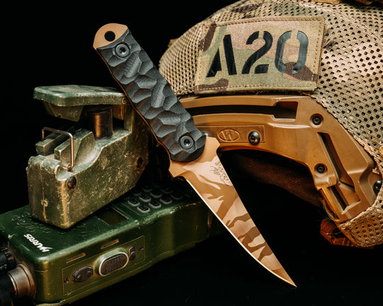 Combat Filet - Black G10, Desert Tiger Cerakote, Allen Bolts, Chaos Grip