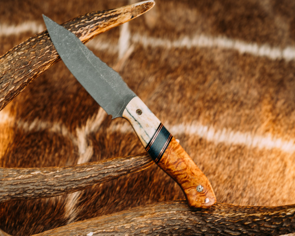 Field Knife Jr- Dyed Giraffe, Black G10 and Copper Pin Striping, Arctic Storm FAT Carbon Split, Afzelia Burl, Mosaic Pins, 1/8" Copper Pin, Contoured Grip