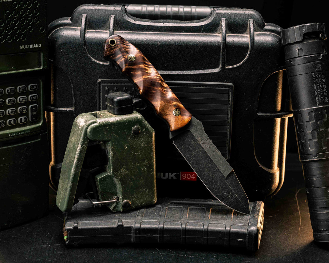 Disaster Jr Gen 3- Hawaiian Curly Koa, Mosaic Pins, Brass Lanyard Pin, Textured Grip