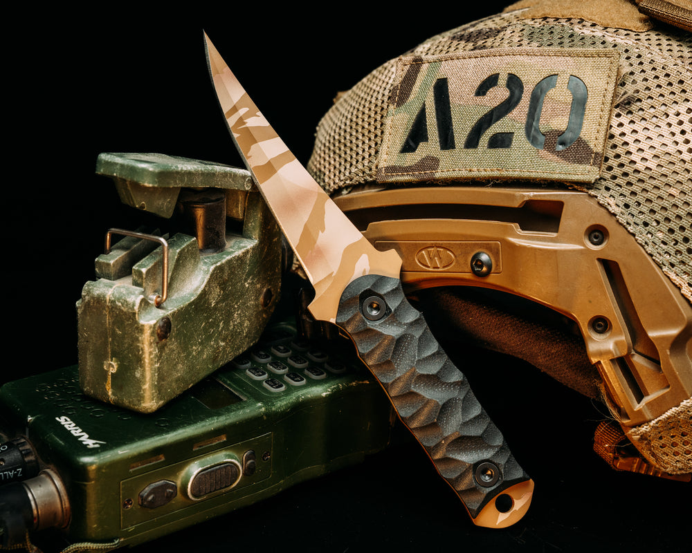 Combat Filet - Black G10, Desert Tiger Cerakote, Allen Bolts, Chaos Grip