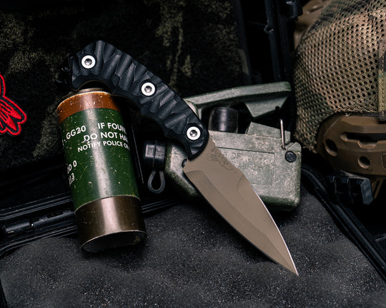 4"  HUMINT- Black G10, FDE Cerakote, Ti Allen Bolts, Textured Grip