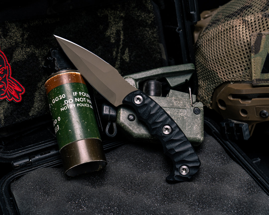 4"  HUMINT- Black G10, FDE Cerakote, Ti Allen Bolts, Textured Grip