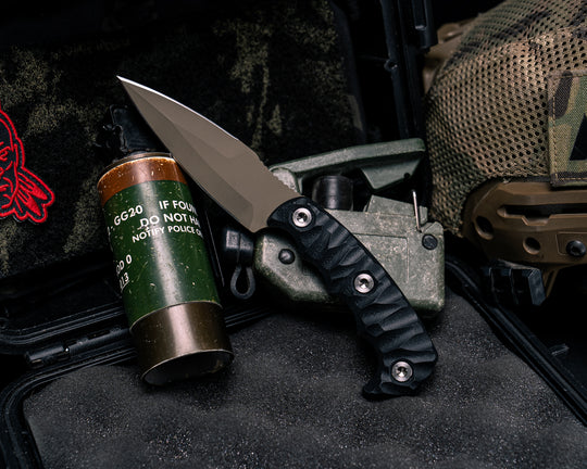 4"  HUMINT- Black G10, FDE Cerakote, Ti Allen Bolts, Textured Grip