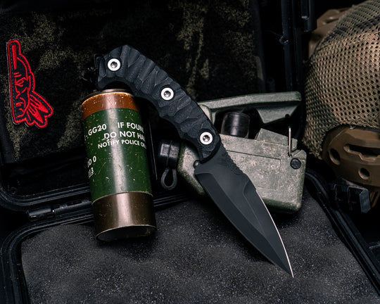 4"  HUMINT- Black G10, Armor Black Cerakote, Ti Allen Bolts, Textured Grip