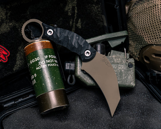 Karambito- Black G10, FDE Cerakote, Ti Allen Bolts, Textured Grip