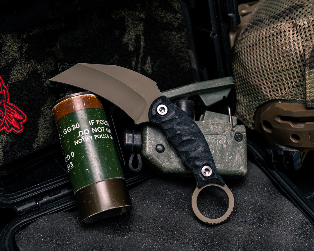 Karambito- Black G10, FDE Cerakote, Ti Allen Bolts, Textured Grip