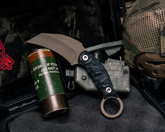 Karambito- Black G10, FDE Cerakote, Ti Allen Bolts, Textured Grip