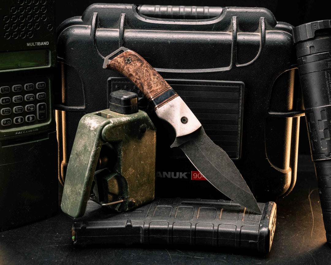 Ishi- Elk antler, Copper, OD Green G10 and Black G10 Pin Striping, Dyed Maple Split, Dyed Maple, Mosaic Pins, Textured Grip