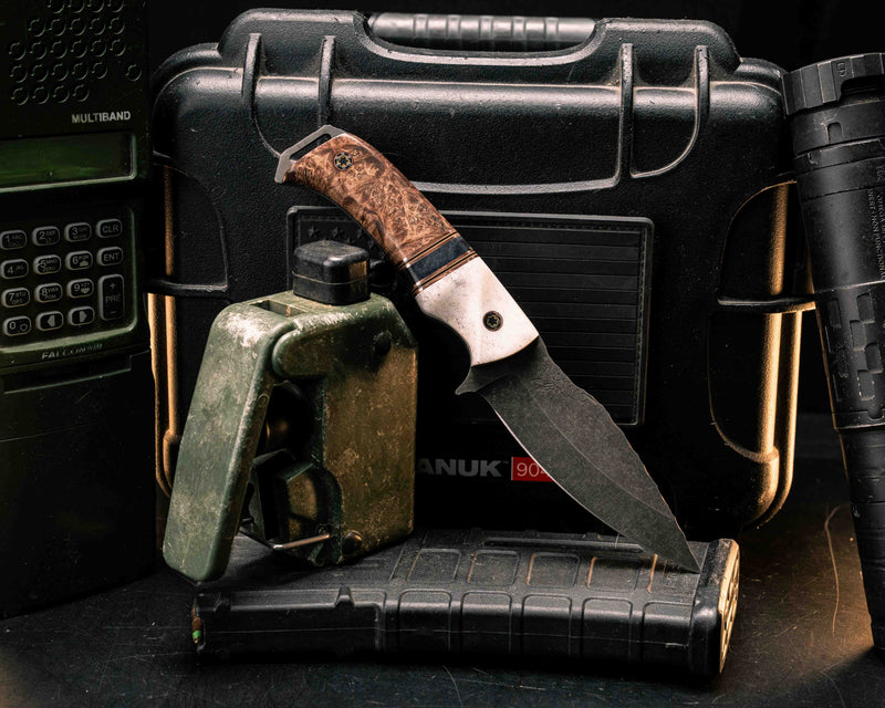 Ishi- Elk antler, Copper, OD Green G10 and Black G10 Pin Striping, Dyed Maple Split, Dyed Maple, Mosaic Pins, Textured Grip