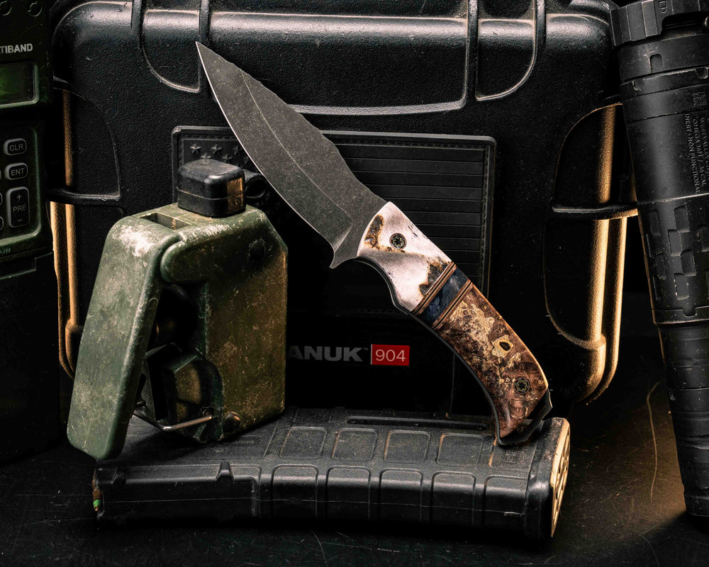 Ishi- Elk antler, Copper, OD Green G10 and Black G10 Pin Striping, Dyed Maple Split, Dyed Maple, Mosaic Pins, Textured Grip