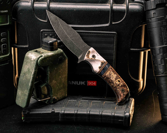 Ishi- Elk antler, Copper, OD Green G10 and Black G10 Pin Striping, Dyed Maple Split, Dyed Maple, Mosaic Pins, Textured Grip