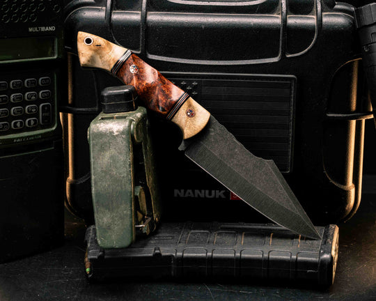 Widow Maker- Maple, Black G10, Copper and White G10, Amboyna Burl Split, Copper Patriot Mosaic Pins, Copper Lanyard Pin, Textured Grip