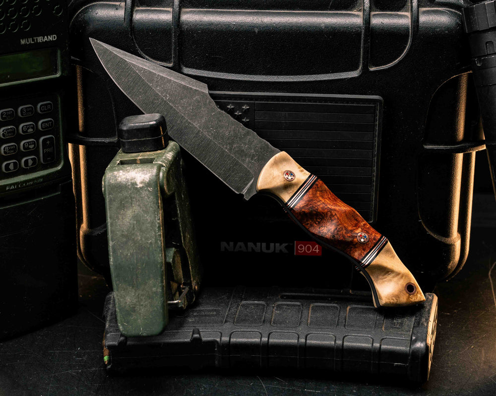 Widow Maker- Maple, Black G10, Copper and White G10, Amboyna Burl Split, Copper Patriot Mosaic Pins, Copper Lanyard Pin, Textured Grip