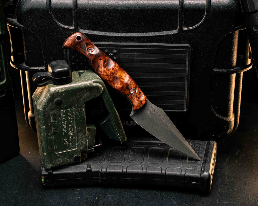 Gulo Gulo- Amboyna Burl, Copper PAtriot Mosaic Pins, Copper Lanyard Pin, Textured Grip