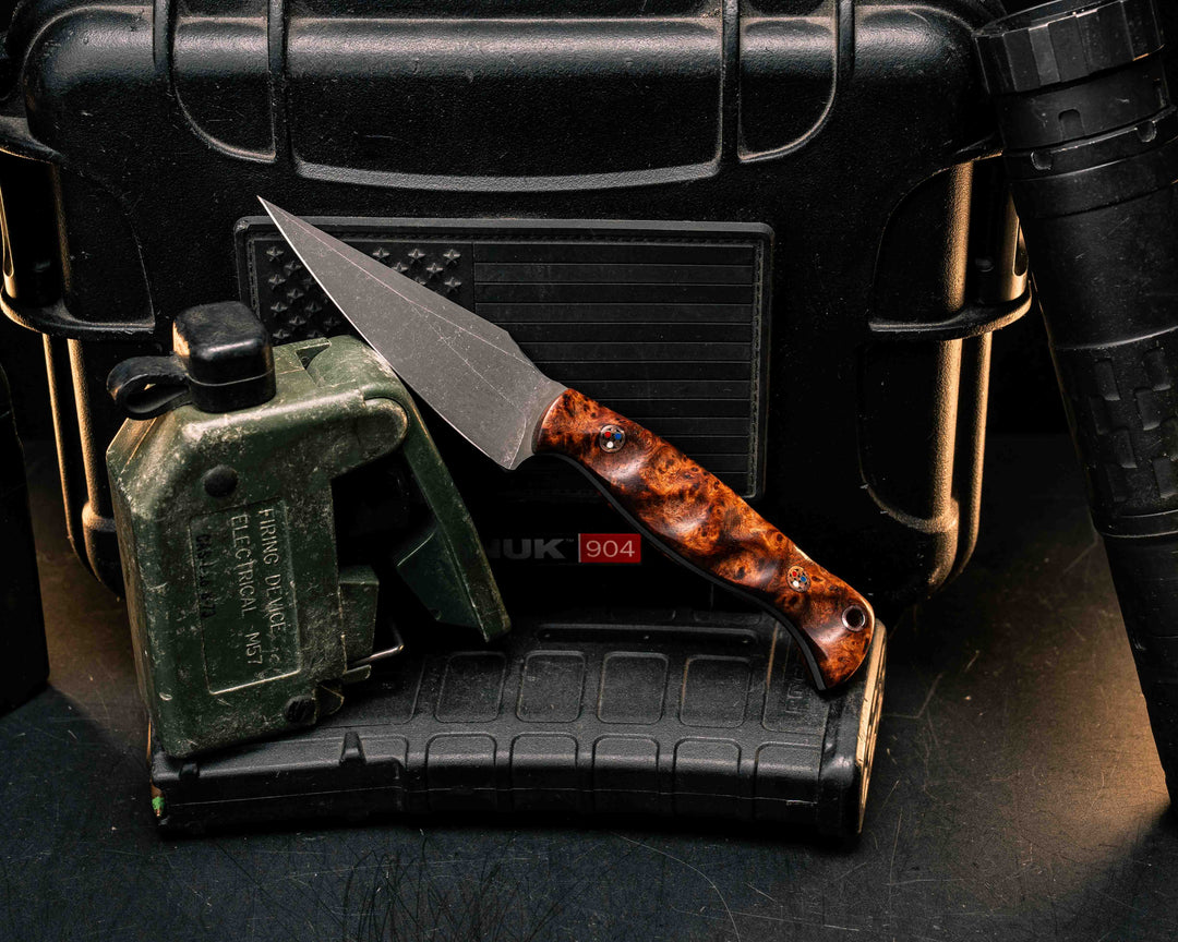 Gulo Gulo- Amboyna Burl, Copper PAtriot Mosaic Pins, Copper Lanyard Pin, Textured Grip