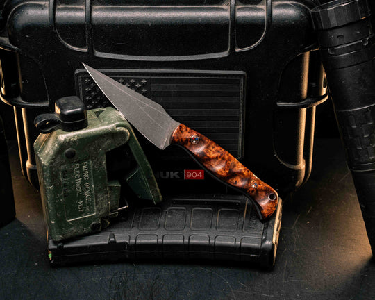 Gulo Gulo- Amboyna Burl, Copper PAtriot Mosaic Pins, Copper Lanyard Pin, Textured Grip