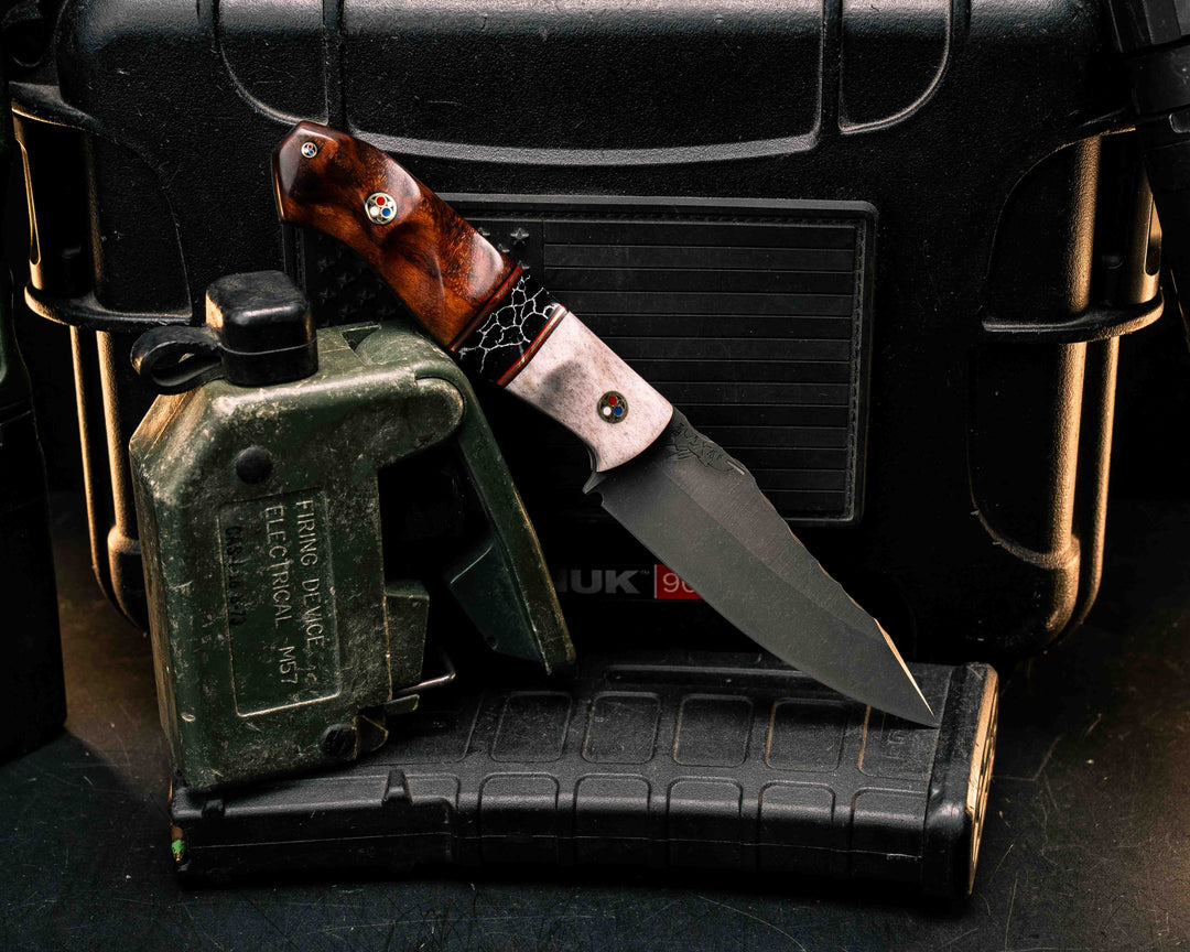 Field Knife Jr- Elk antler, Black G10, Cherry G10 and Brass Pin Striping, Black with White Web Tru-stone Split, Snakewood, Patriot Mosaic Pins, Textured Grip