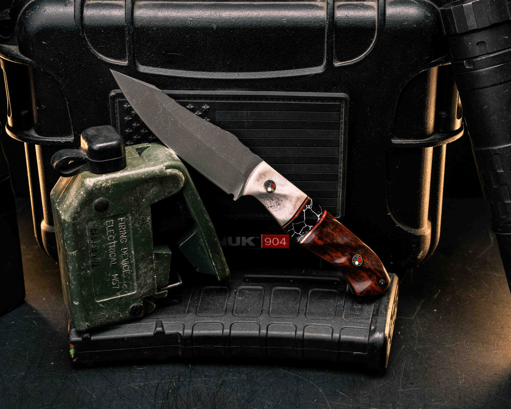 Field Knife Jr- Elk antler, Black G10, Cherry G10 and Brass Pin Striping, Black with White Web Tru-stone Split, Snakewood, Patriot Mosaic Pins, Textured Grip