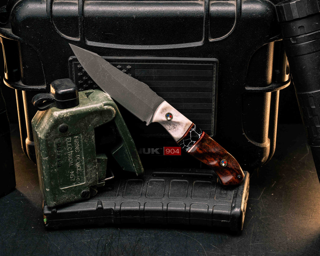 Field Knife Jr- Elk antler, Black G10, Cherry G10 and Brass Pin Striping, Black with White Web Tru-stone Split, Snakewood, Patriot Mosaic Pins, Textured Grip