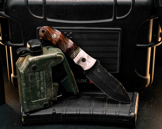 Disaster Cub- Elk Antler, Black G10, Brass Split, Desert Ironwood, Mosaic Pins, Brass Lanyard Pin, Textured Grip