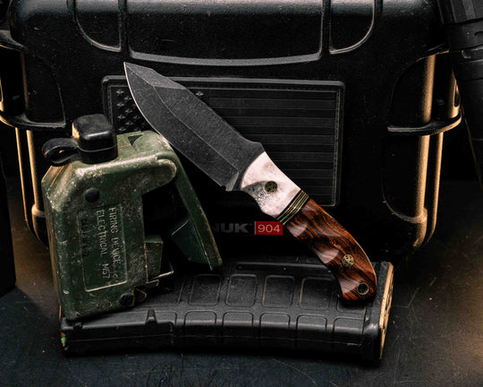 Disaster Cub- Elk Antler, Black G10, Brass Split, Desert Ironwood, Mosaic Pins, Brass Lanyard Pin, Textured Grip
