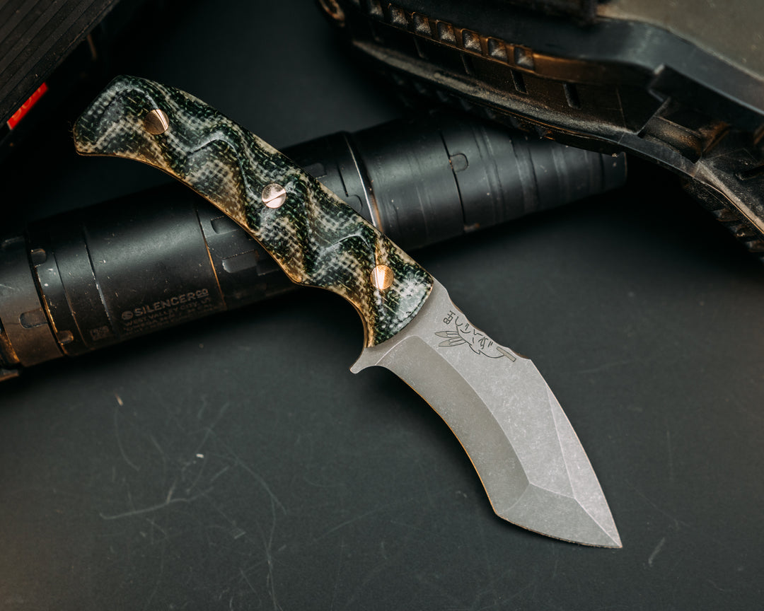 Buteo- OD Green and Desert Tan Layered Burlap Micarta, Brass Pins, Textured Grip