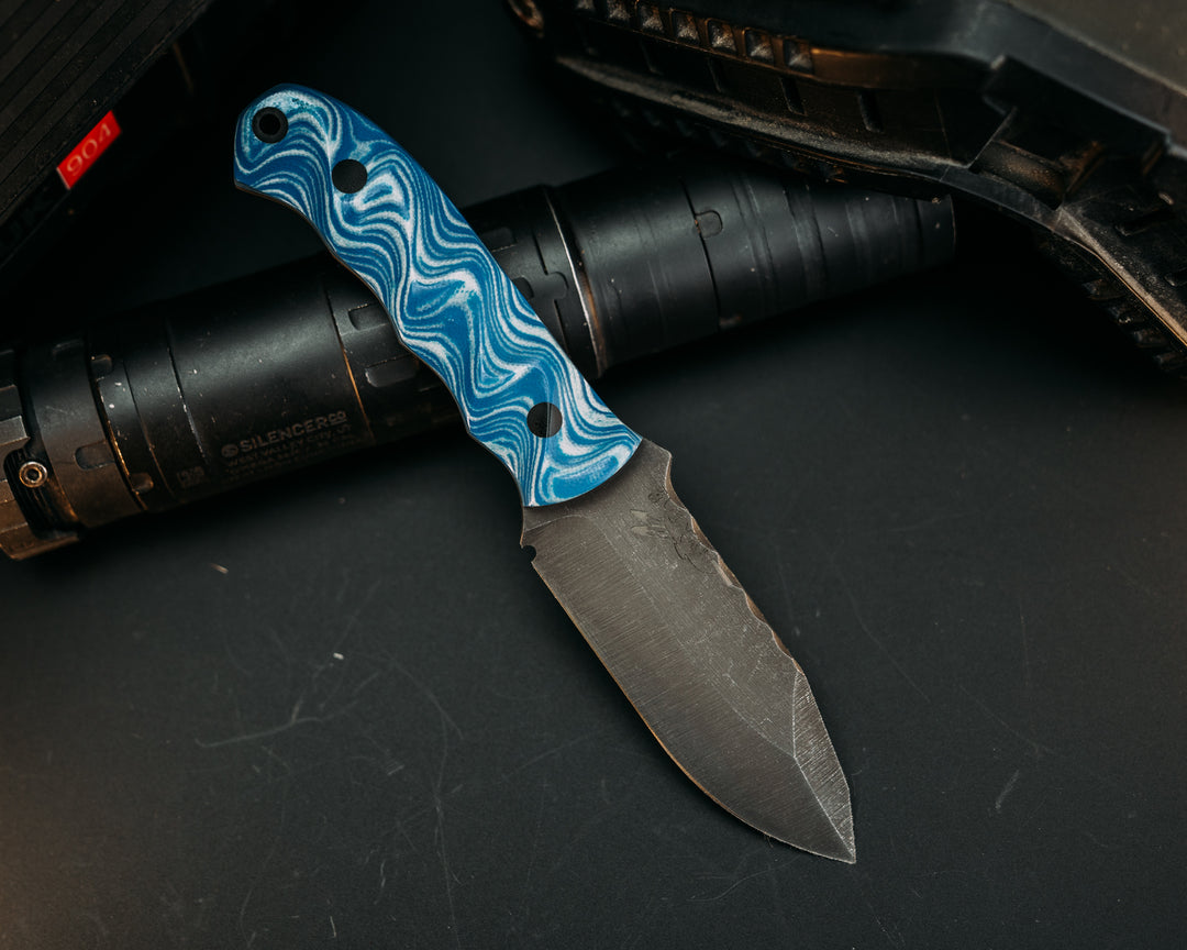 Disaster Cub- Blue and White Layered G10, CF Pins, CF Lanyard Pin, Textured Grip