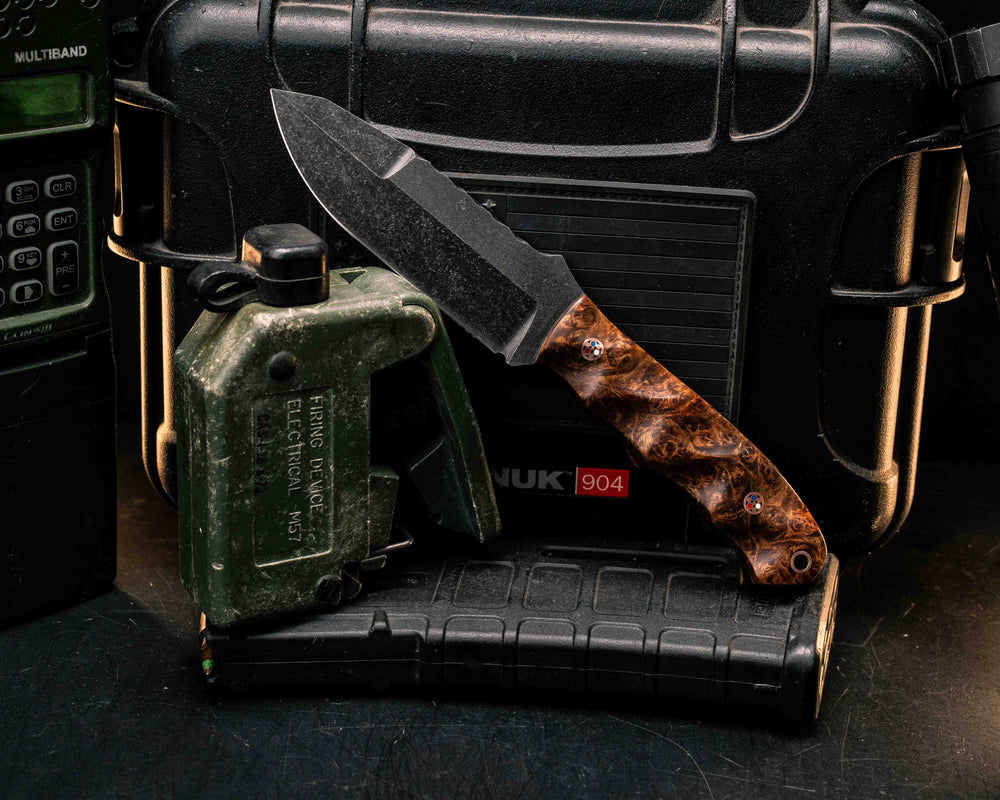 Disaster Jr Gen 3- Amboyna Burl, Copper Patriot Mosaic Pins, Copper Lanyard Pin, Textured Grip