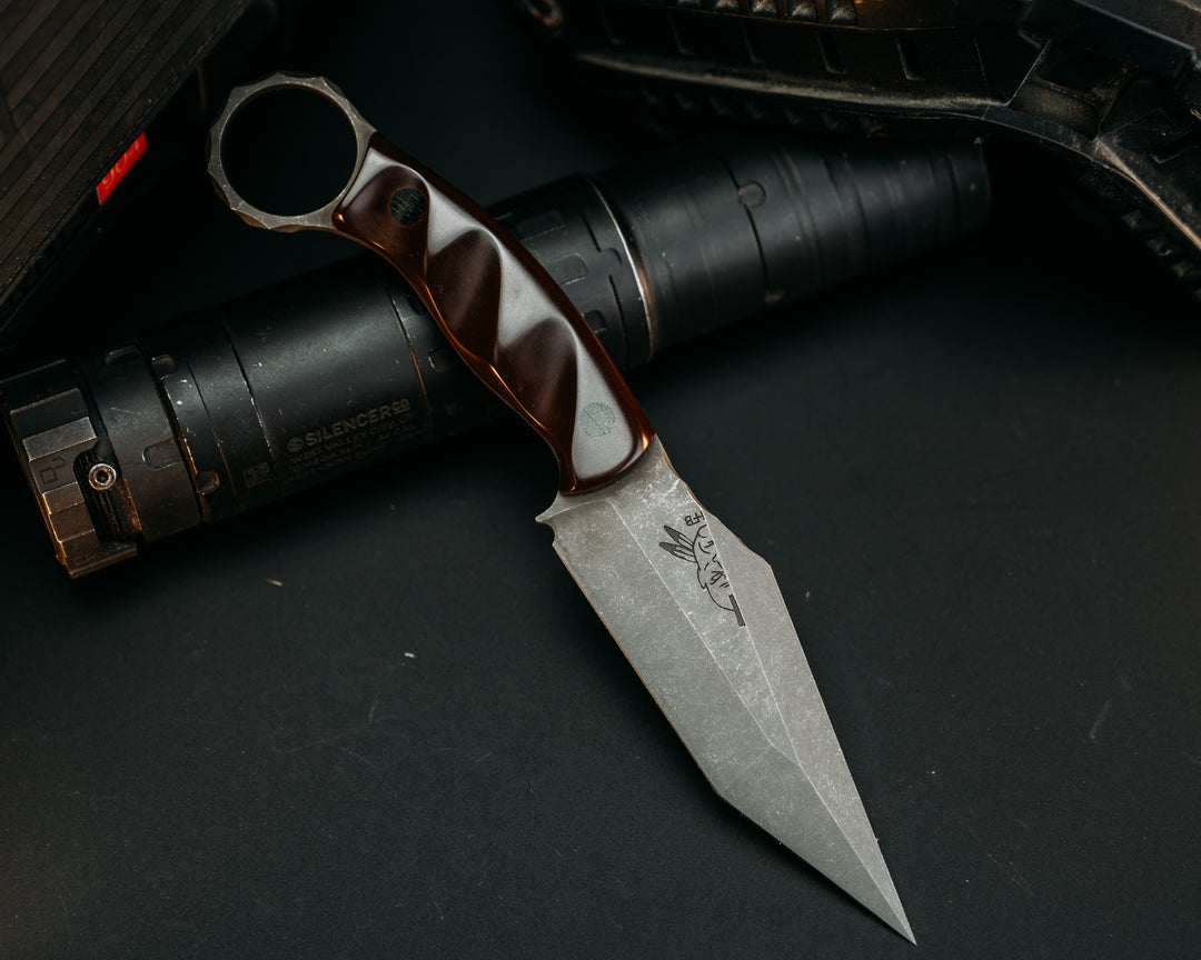 Ringed Tac Tanto- Redstone Brown Richlite, Black Micarta Pins, Grooved Grip