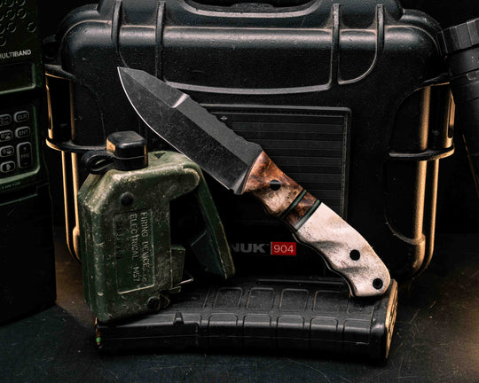 Disaster Jr Gen 3- Chechen Caribbean Rosewood, Black G10, Forest Green G10 and Coyote G10 Pin Striping, Chechen Caribbean Rosewood Split, Elk antler, CF Pins, CF Lanyard Pin, Textured Grip