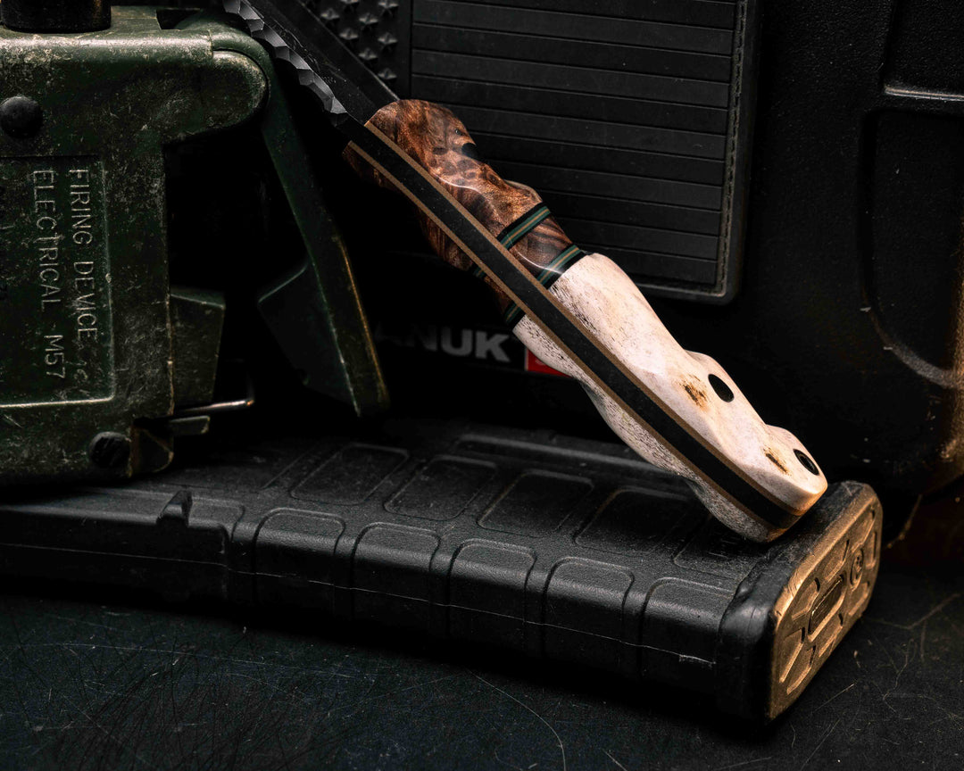 Disaster Jr Gen 3- Chechen Caribbean Rosewood, Black G10, Forest Green G10 and Coyote G10 Pin Striping, Chechen Caribbean Rosewood Split, Elk antler, CF Pins, CF Lanyard Pin, Textured Grip