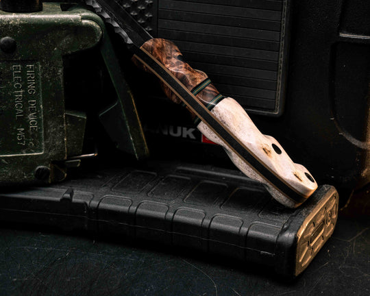 Disaster Jr Gen 3- Chechen Caribbean Rosewood, Black G10, Forest Green G10 and Coyote G10 Pin Striping, Chechen Caribbean Rosewood Split, Elk antler, CF Pins, CF Lanyard Pin, Textured Grip
