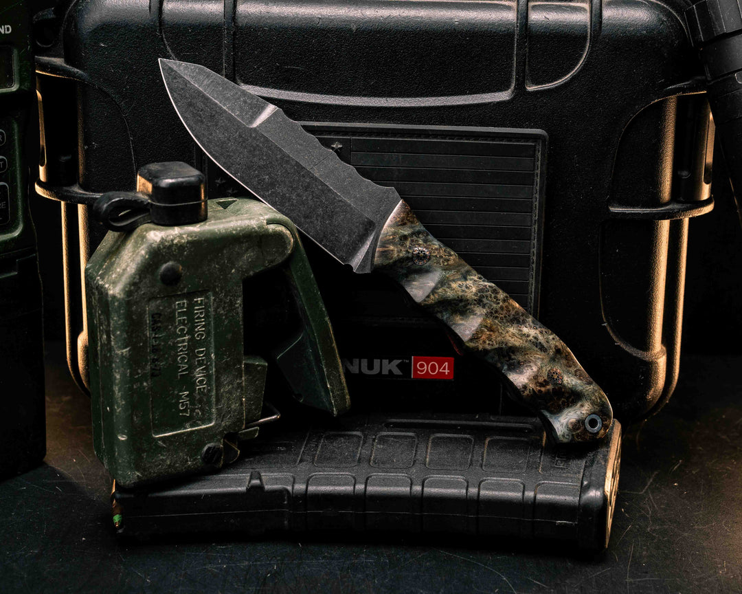 Disaster Jr Gen 3- Dyed Black Ash Burl, Mosaic Pins, Aluminum Lanyard Pin, Textured Grip