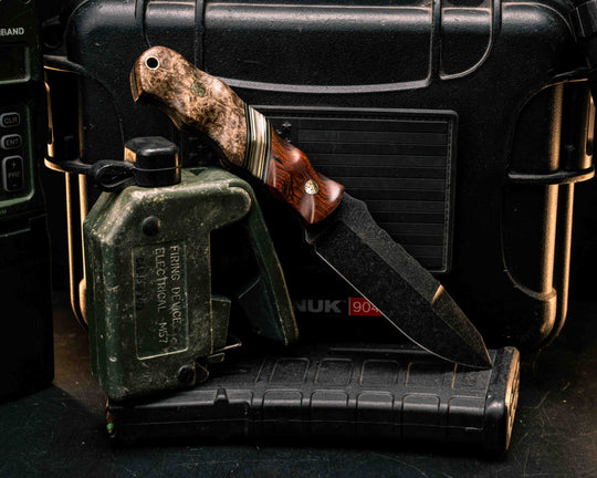 Disaster Jr Gen 3- Desert Ironwood, Black G10, Desert Tan G10 and Brass Split, Amboyna Burl, Mosaic Pins, Brass Lanyard Pin, Textured Grip