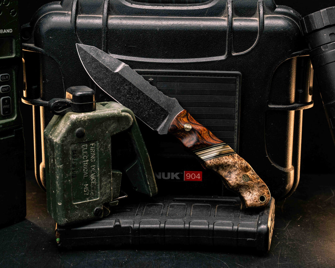 Disaster Jr Gen 3- Desert Ironwood, Black G10, Desert Tan G10 and Brass Split, Amboyna Burl, Mosaic Pins, Brass Lanyard Pin, Textured Grip