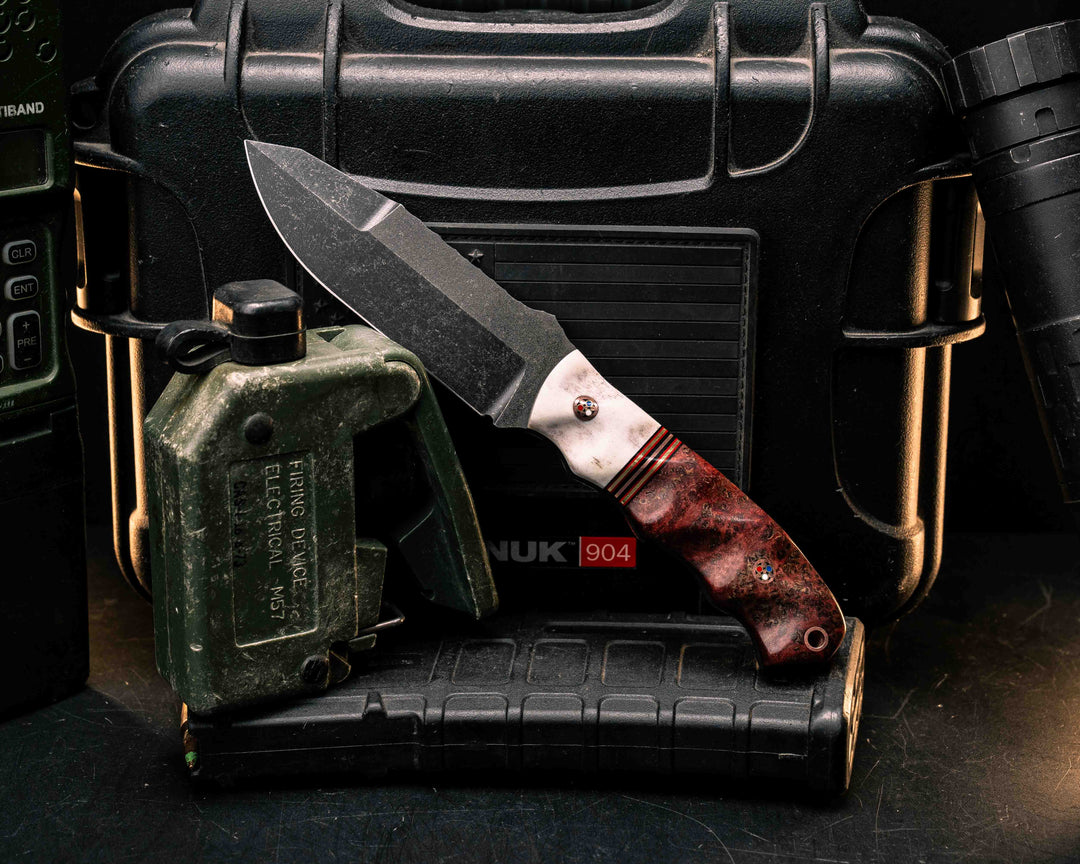 Disaster Jr Gen 3- Elk antler, Black G10, Cherry G10, Brass and Copper Split, Dyed Black Ash, Copper Patriot Mosaic Pins, Copper Lanyard Pin, Textured Grip