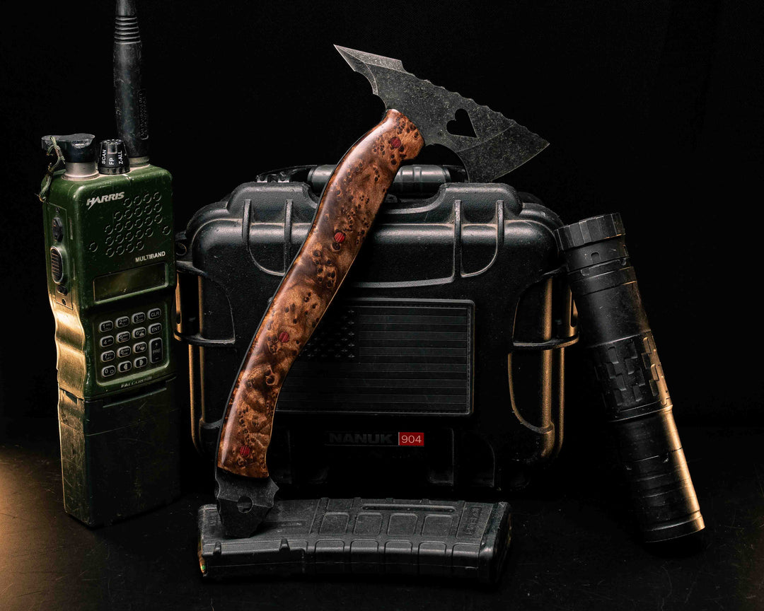 Bleeding Heart Hawk- Redwood Burl, Brown Canvas Micarta Pins, Smooth Grip