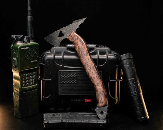 Bleeding Heart Hawk- Redwood Burl, Brown Canvas Micarta Pins, Smooth Grip