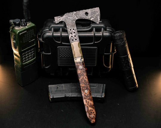 Arrowhead Hawk- OD Green Canvas Micarta, Black G10, Desert Tan G10, OD Green G10 and Copper Pin Striping, Black Calceon Split, Redwood Burl, OD Green Micarta Pin, Mosaic Pins, Smooth Textured Grip