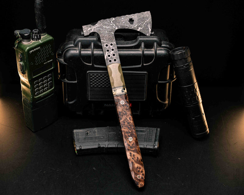 Arrowhead Hawk- OD Green Canvas Micarta, Black G10, Desert Tan G10, OD Green G10 and Copper Pin Striping, Black Calceon Split, Redwood Burl, OD Green Micarta Pin, Mosaic Pins, Smooth Textured Grip