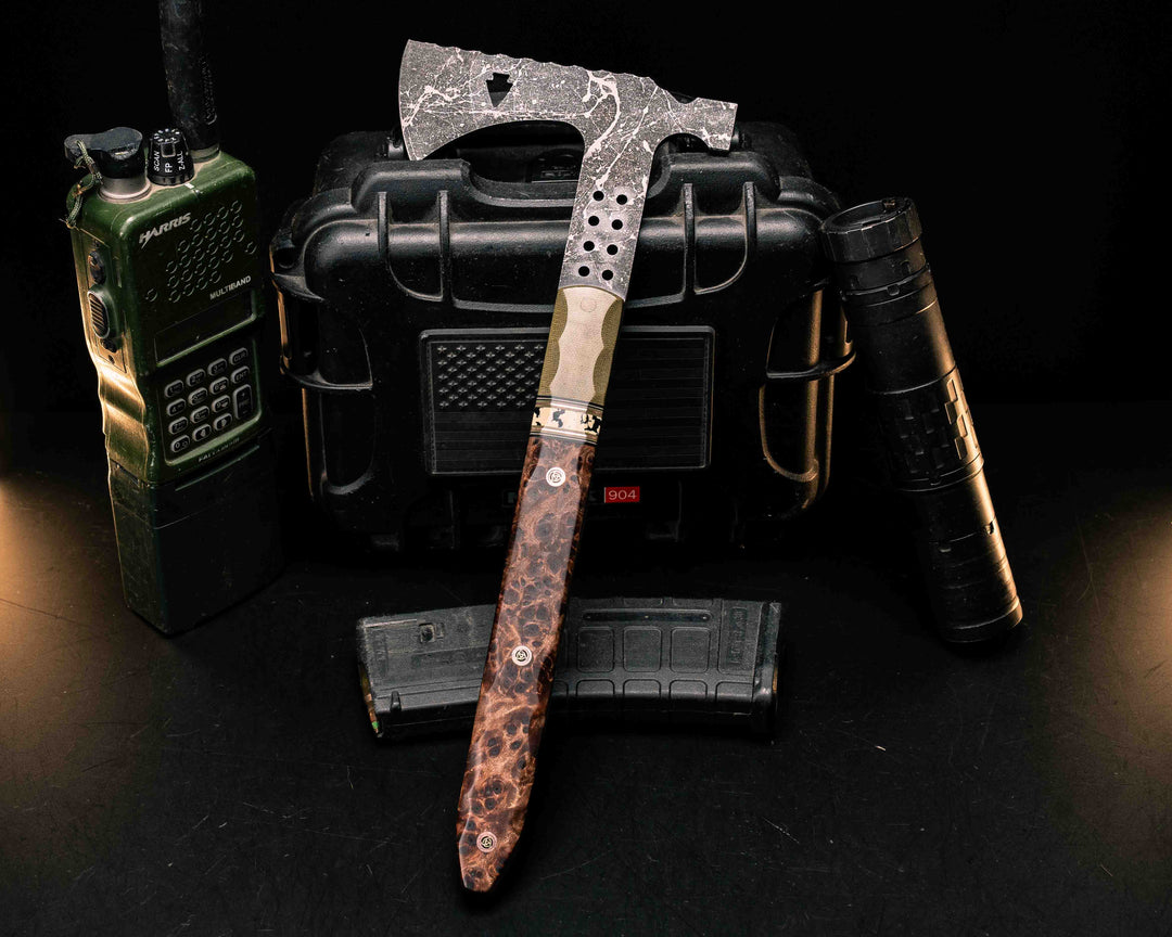 Arrowhead Hawk- OD Green Canvas Micarta, Black G10, Desert Tan G10, OD Green G10 and Copper Pin Striping, Black Calceon Split, Redwood Burl, OD Green Micarta Pin, Mosaic Pins, Smooth Textured Grip
