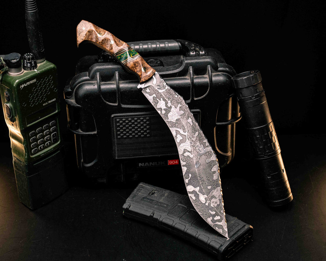 Kukri- Amboyna Burl, Black G10, Coyote G10 and Brass Pin Striping, Arizona Jade Tru-stone Split, Mosaic Pins, Textured Grip