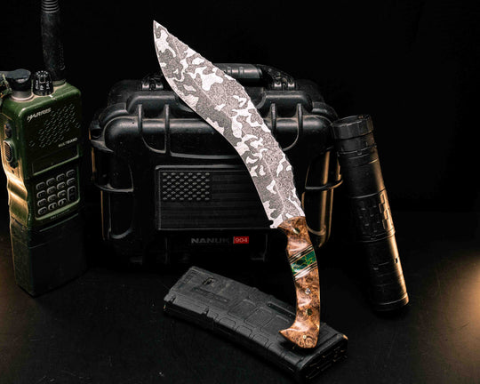 Kukri- Amboyna Burl, Black G10, Coyote G10 and Brass Pin Striping, Arizona Jade Tru-stone Split, Mosaic Pins, Textured Grip