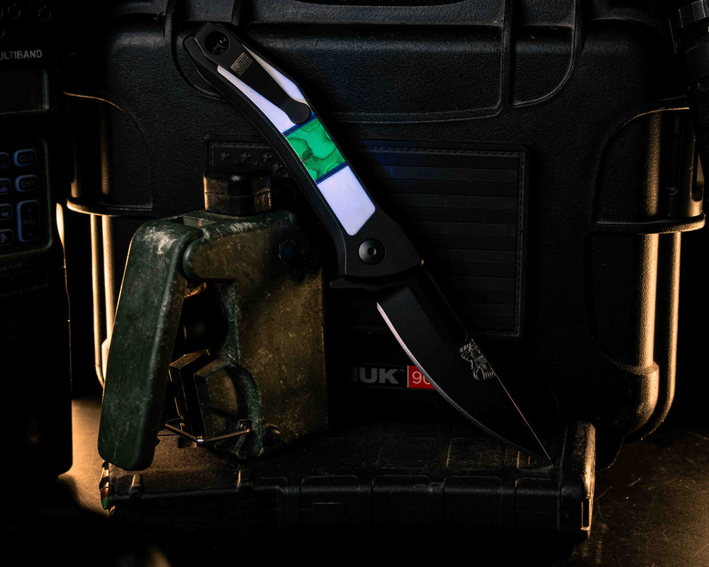 Custom Kwaiken Folder - Camel Bone, Raffir Nobil Wasp Uranium Glow Split, Anodized Black Handle, Black Nitride Blade, Textured Grip, Deep Carry Pocket Clip