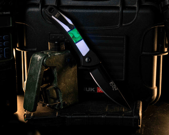 Custom Kwaiken Folder - Camel Bone, Raffir Nobil Wasp Uranium Glow Split, Anodized Black Handle, Black Nitride Blade, Textured Grip, Deep Carry Pocket Clip