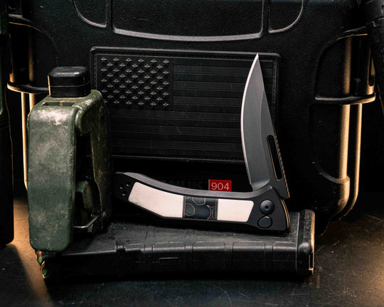 Custom Kwaiken Folder - Camel Bone, Raffir Nobil Wasp Uranium Glow Split, Anodized Black Handle, Black Nitride Blade, Textured Grip, Deep Carry Pocket Clip