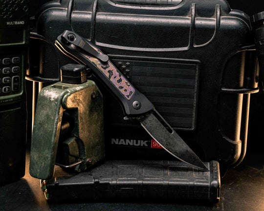 Custom Kwaiken Folder- Vegas Forge Reptilian Damascus- Lava Lamp Black Timascus, Anodized Black Handle, Black Nitride Blade, Smooth Grip, Deep Carry Pocket Clip