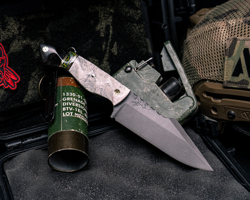 Widow Maker- CO Elk Antler, Black G10 and Brass Pin Striping, Arizona Jade Tru-stone, African Blackwood, Mosaic Pins, Textured Grip